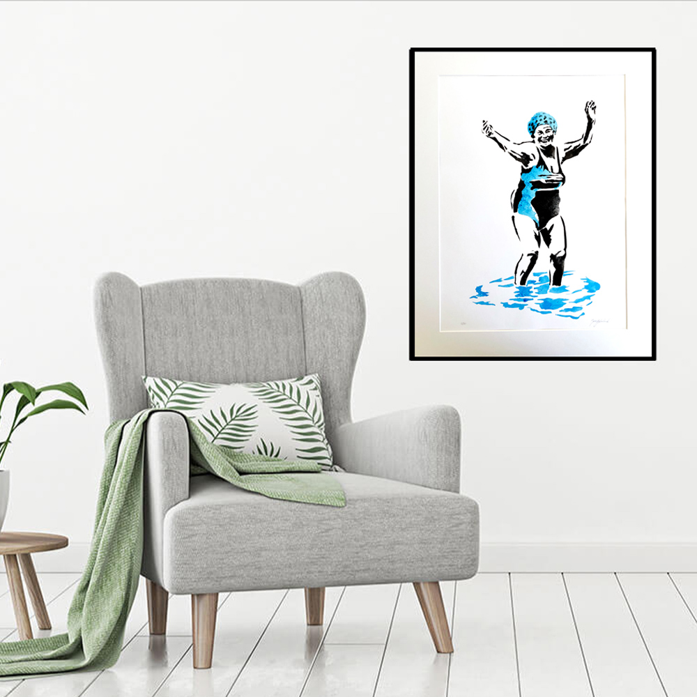 room with a street art style print of a happy elderly lady bathing