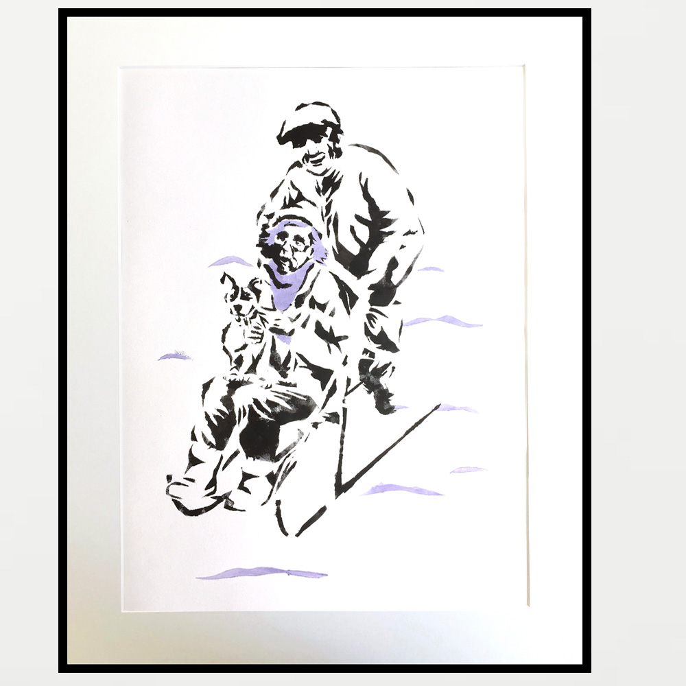 Street art style framed print of happy elderly couple with a small dog on a kick sled