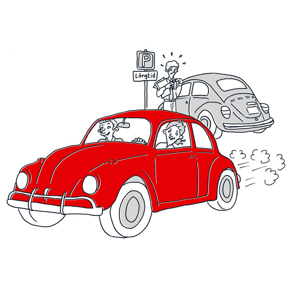 simple illustration of a couple in a red car driving away from parking lot