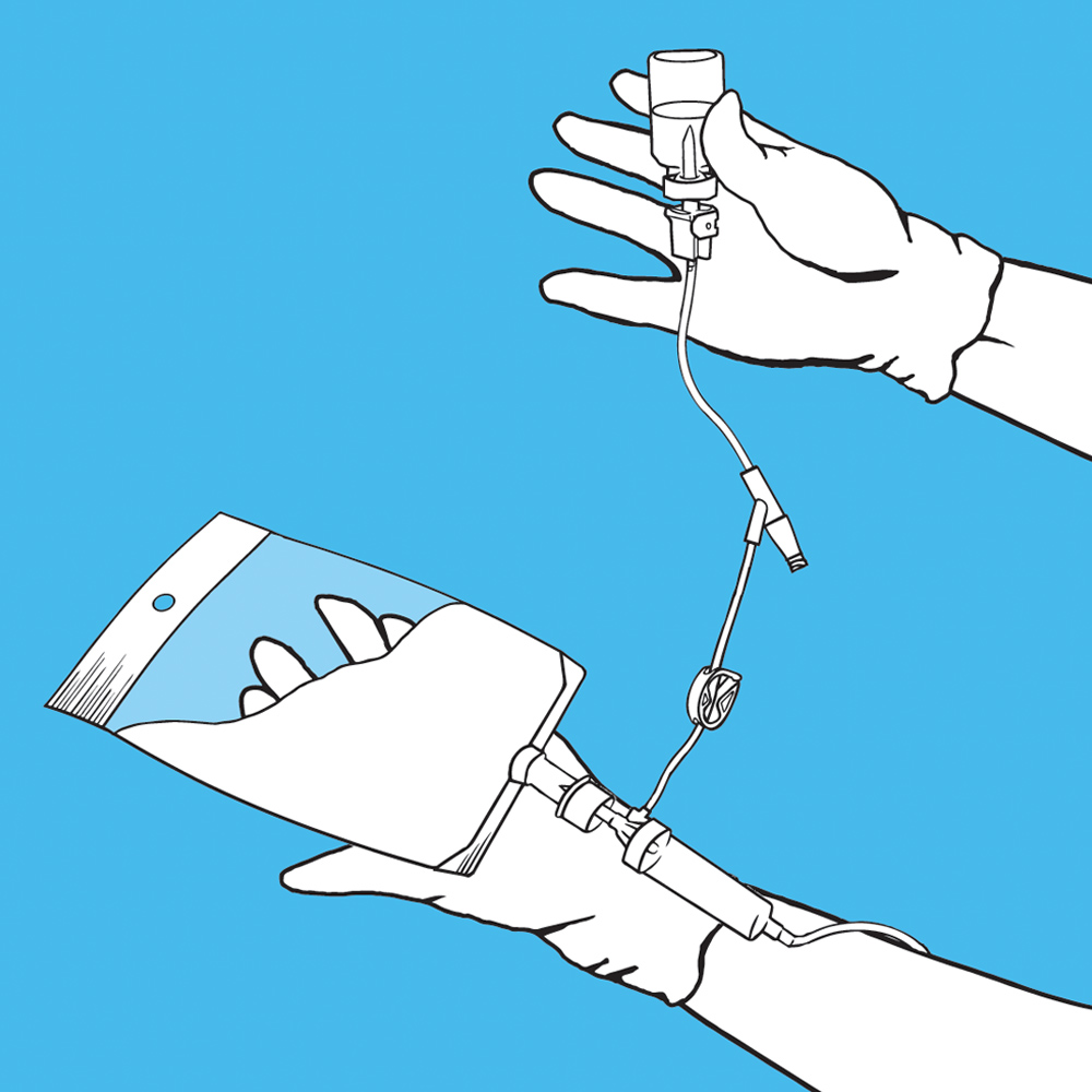illustration of medical product. Close up of two hands in plastic gloves holding a bag for infusion.
