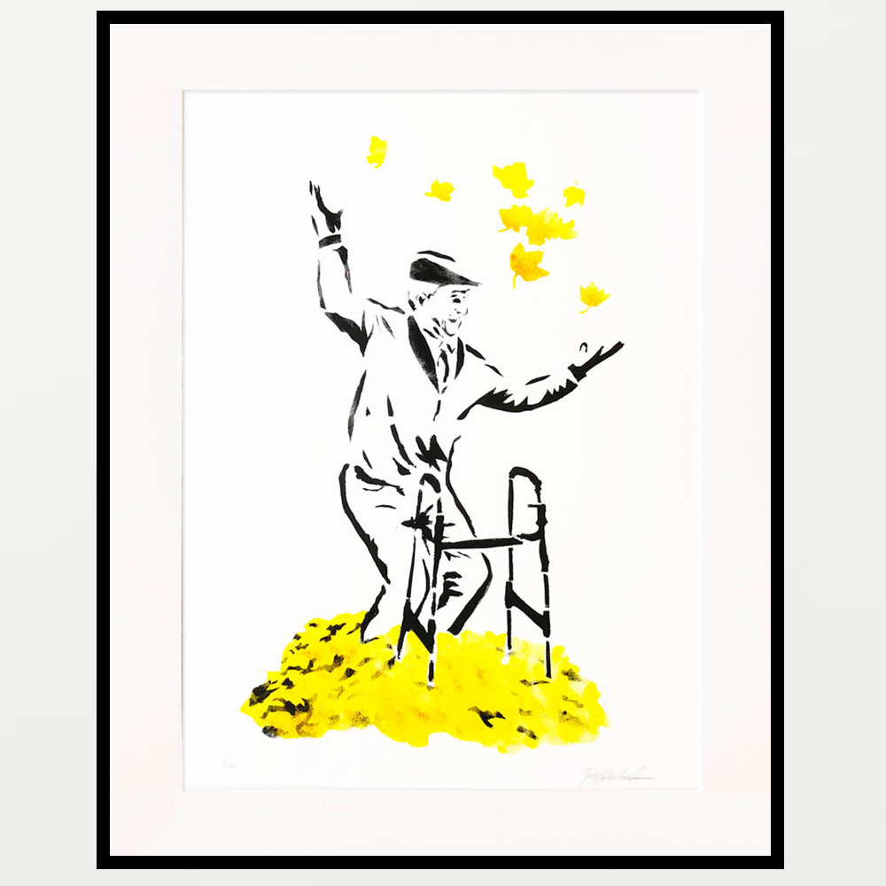 Street art style framed print of happy elder man with walking aid trowing autumn leaves over his head