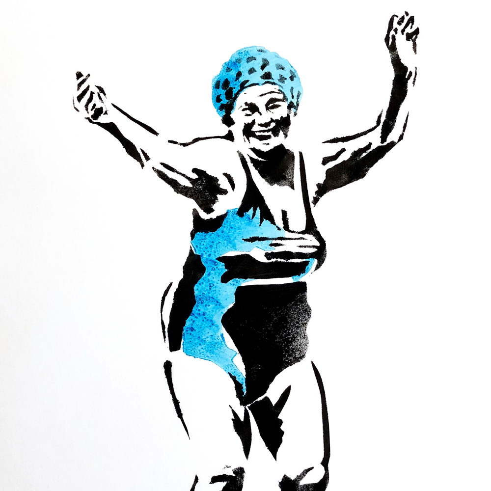 Street art style print of happy elderly woman in a bathing suit - detail of full picture