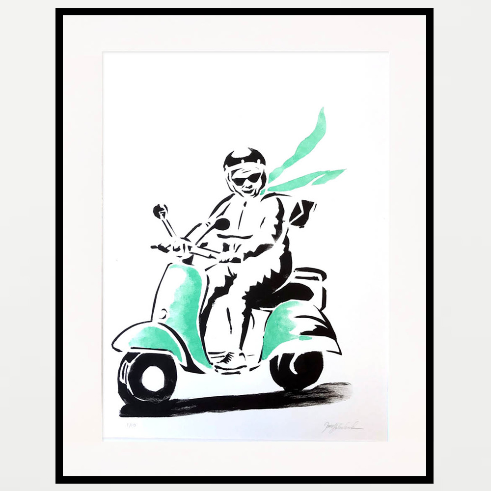 Street art style framed print of happy elderly woman on a scooter