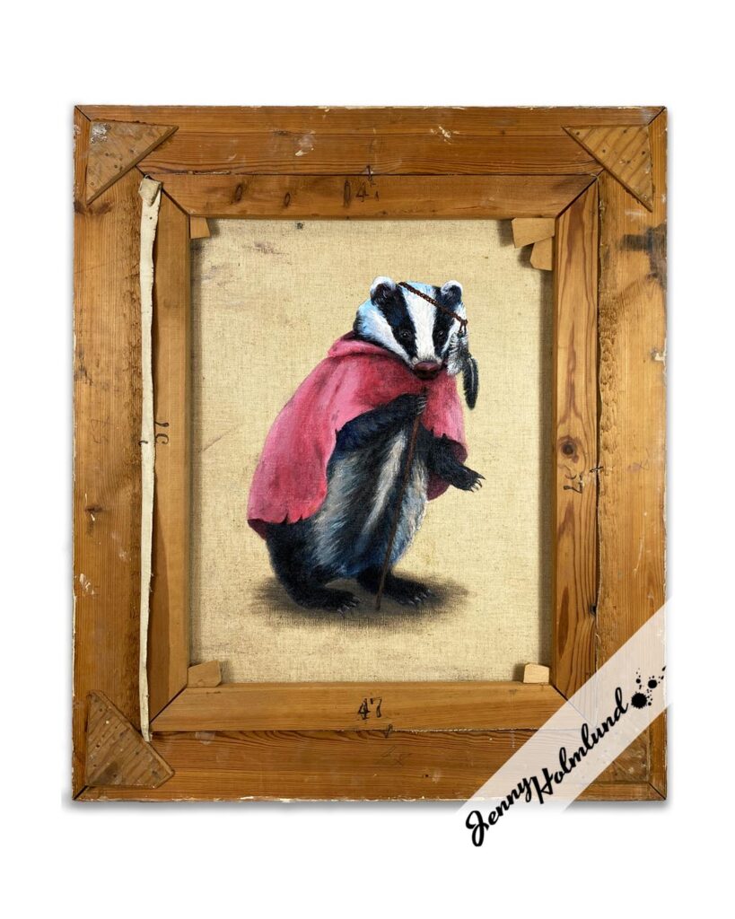 Badger-with-a pink -cape- on the back of an old painting by-Jenny-Holmlund 

