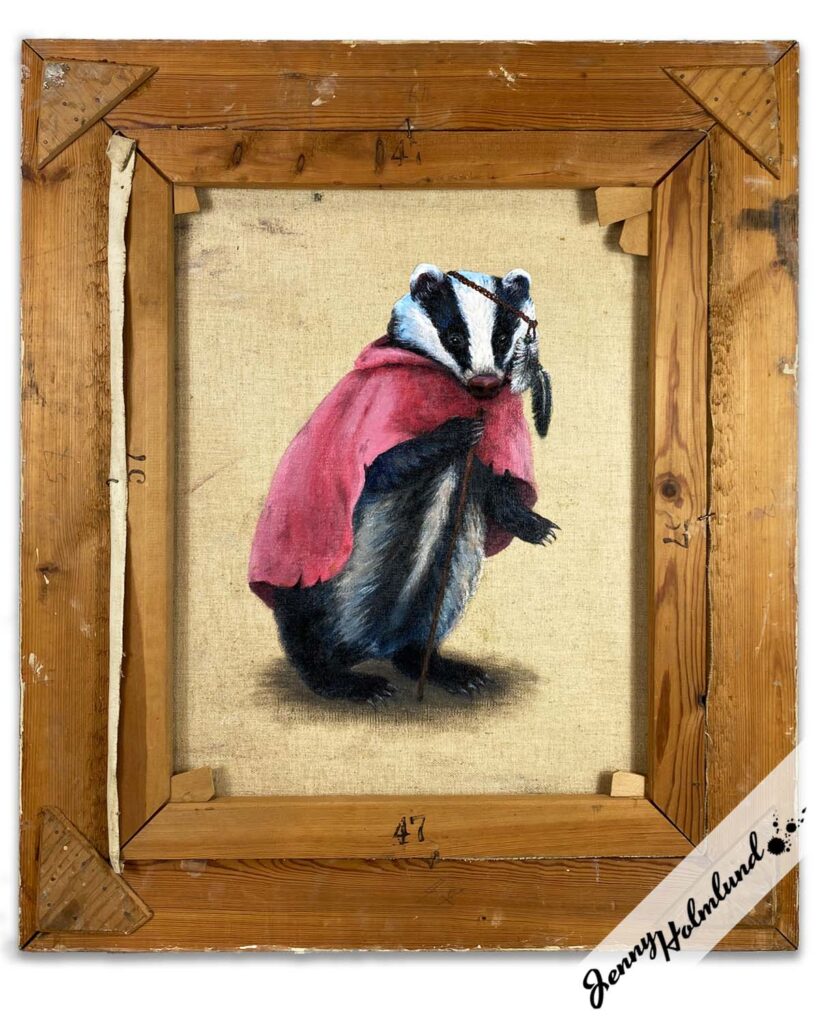 Badger with a pink cape on the back of an old painting by Jenny Holmlund