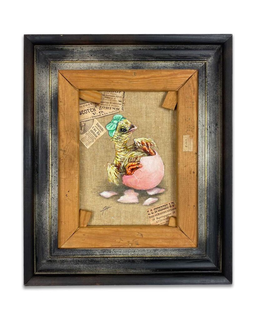Chicken in a egg-on the back of an old painting by-Jenny-Holmlund