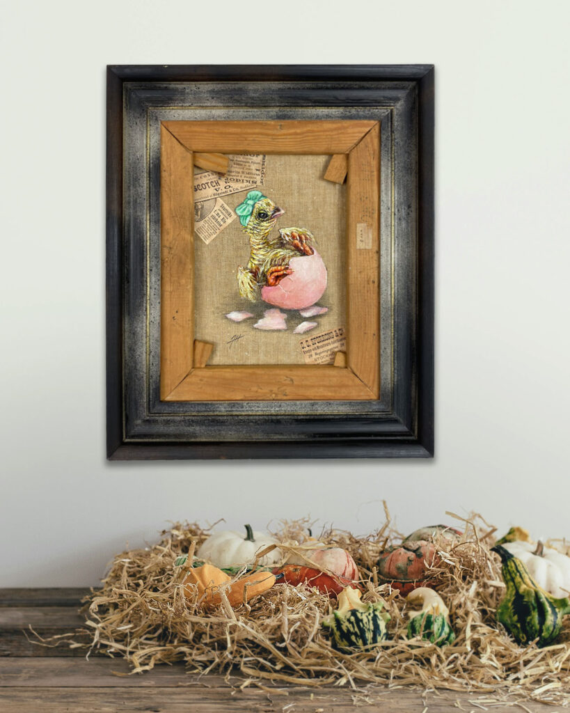 Chicken in a egg-on the back of an old painting by-Jenny-Holmlund