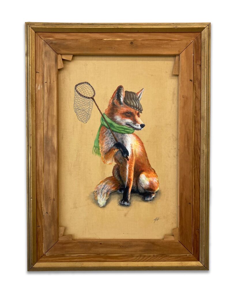 Fox-with-a-net- on the back of an old painting by-Jenny-Holmlund