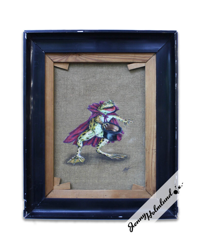 Frog-with-top-hat-and-cape- on the back of an old painting by-Jenny-Holmlund