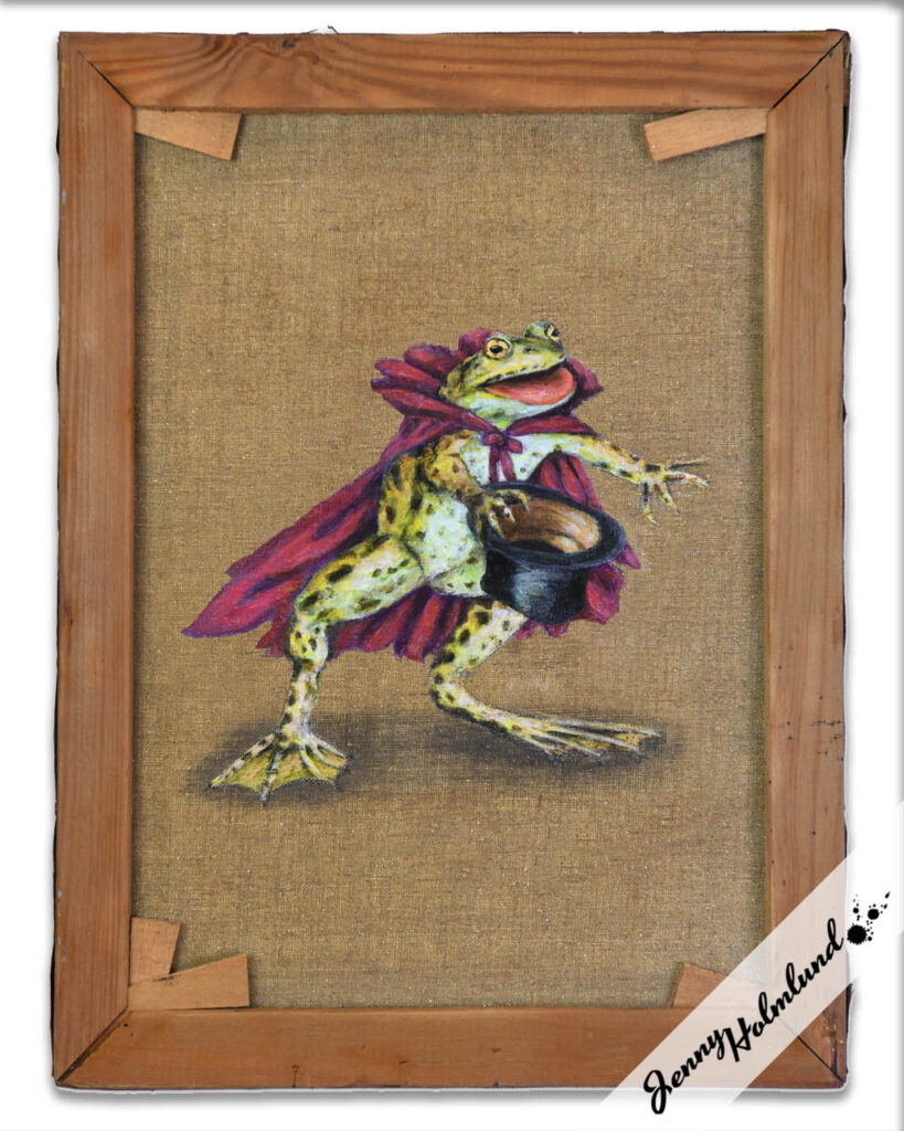 Frog-with-top-hat-and-cape- on the back of an old painting by-Jenny-Holmlund