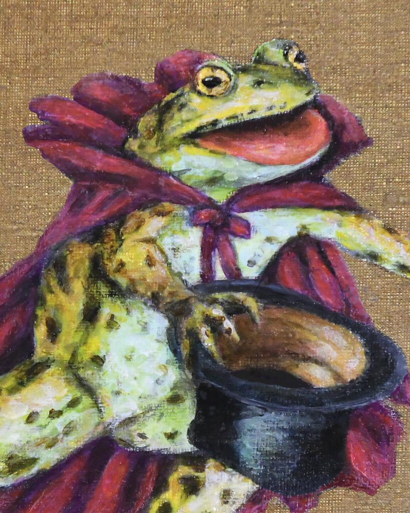 Close up of Painting of Frog-with-top-hat-and-cape-by-Jenny-Holmlund