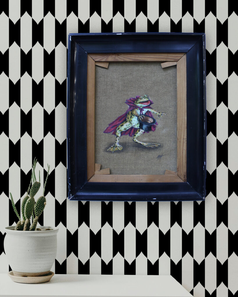 Frog-with-top-hat-and-cape- on the back of an old painting by-Jenny-Holmlund on a wall