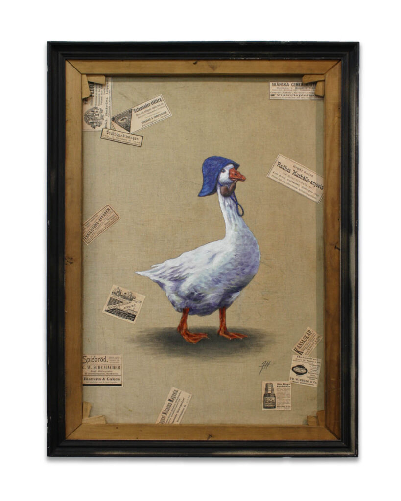 Goose-with-blue-rainhat- on the back of an old painting by-Jenny-Holmlund 