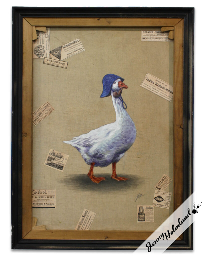 Goose in blue rainhat on the back of an old painting by Jenny Holmlund