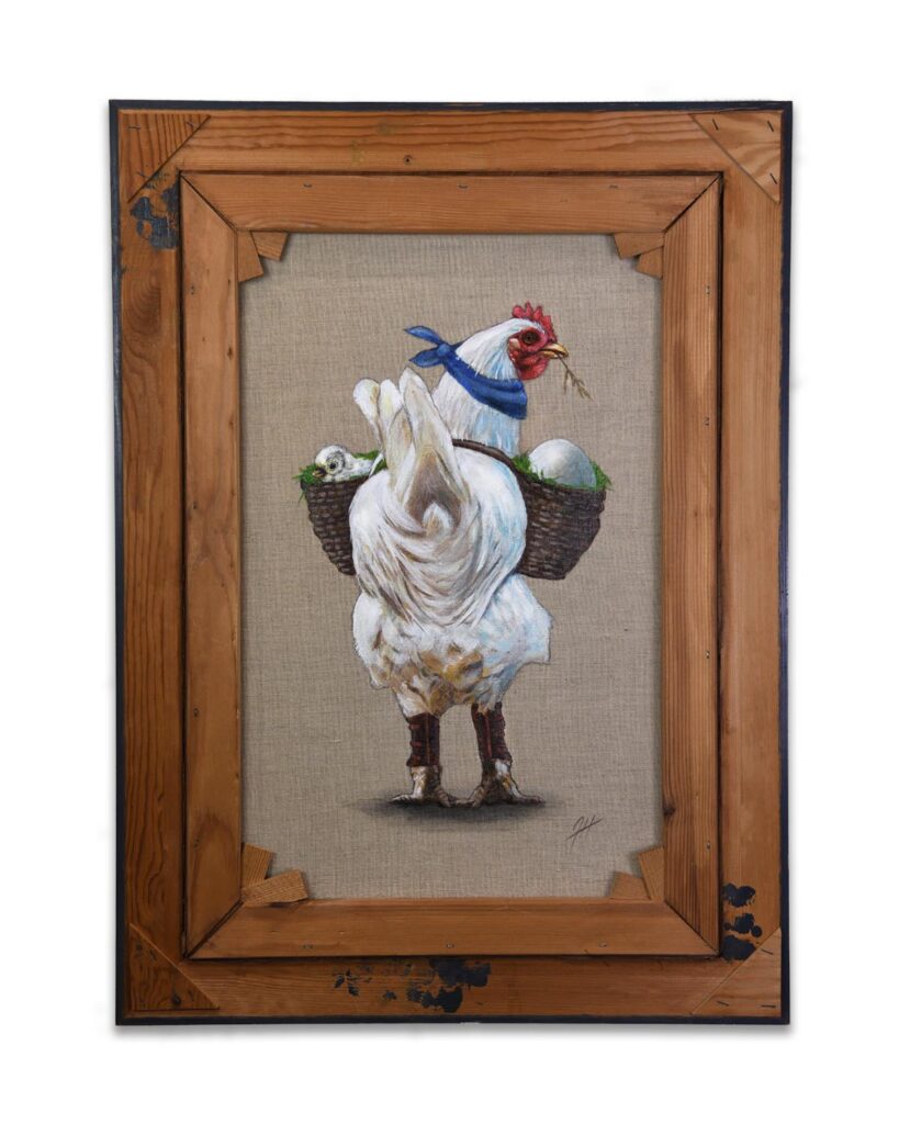 Hen with chicken- on the back of an old painting by-Jenny-Holmlund