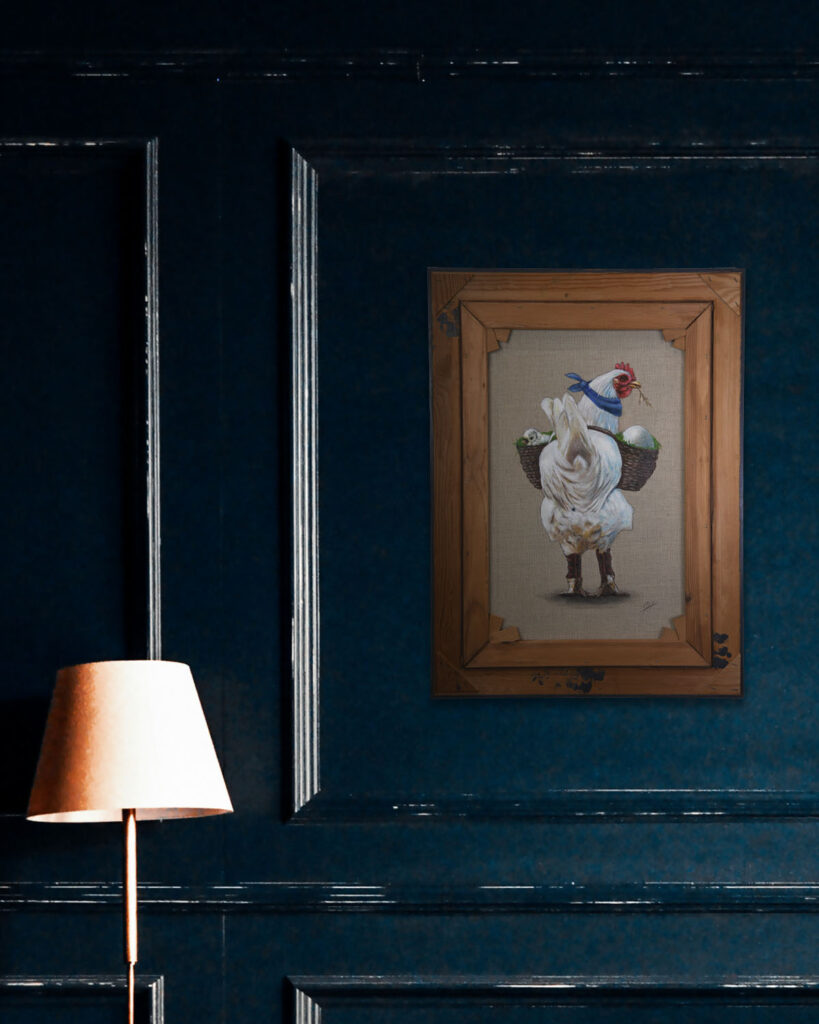 Hen with chicken- on the back of an old painting by-Jenny-Holmlund