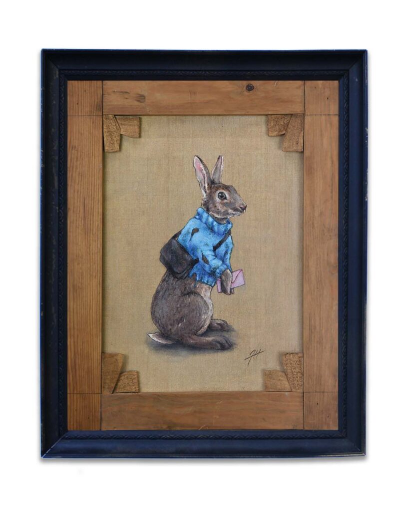 
Painting of rabbit with a mailbag and loveletter on the back of an old painting by Jenny Holmlund