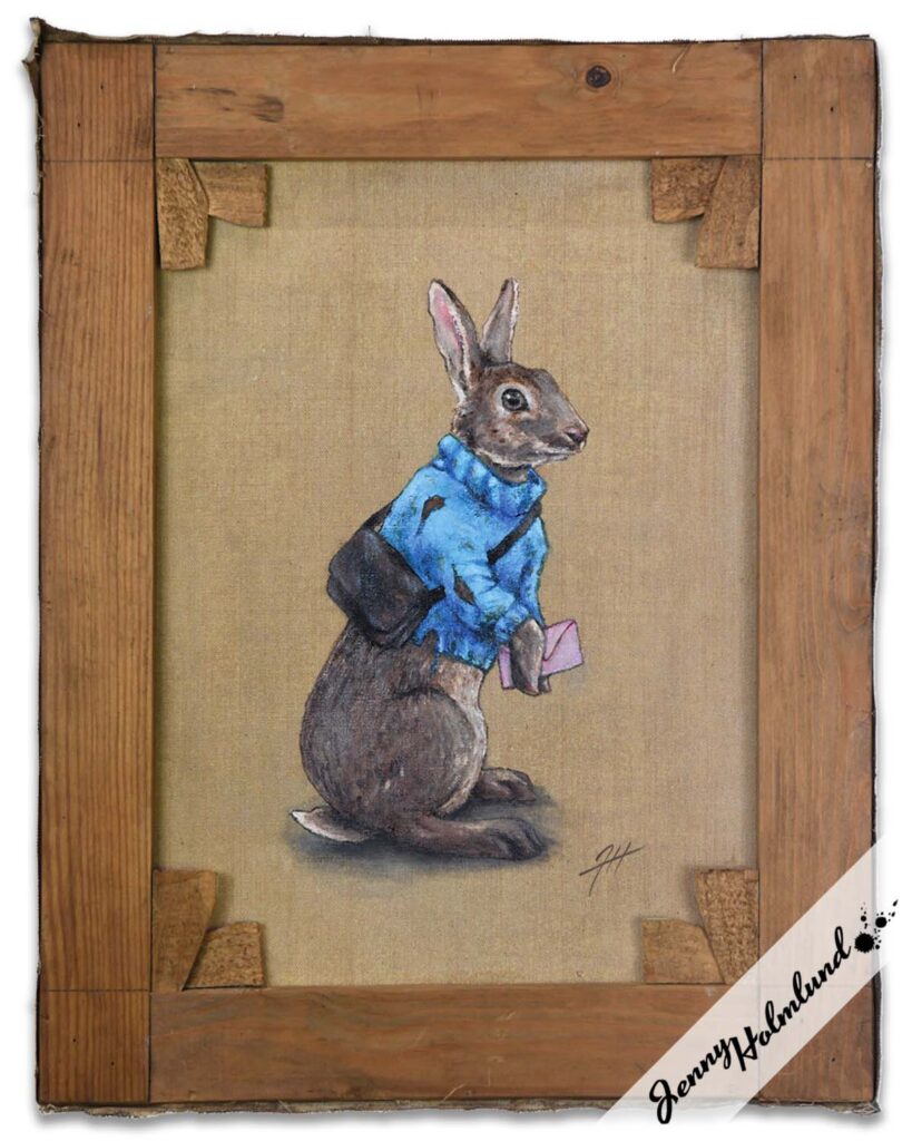Painting of rabbit with a mailbag and loveletter on the back of an old painting by Jenny Holmlund