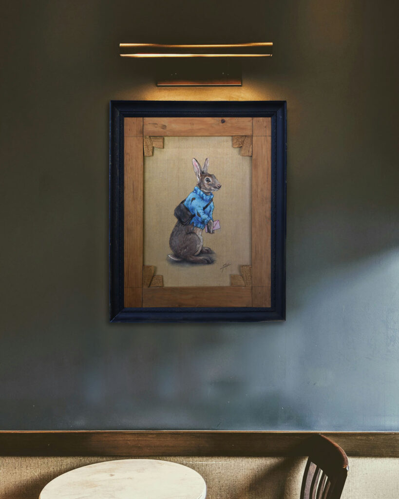 Painting of rabbit with a mailbag and loveletter on the back of an old painting by Jenny Holmlund
