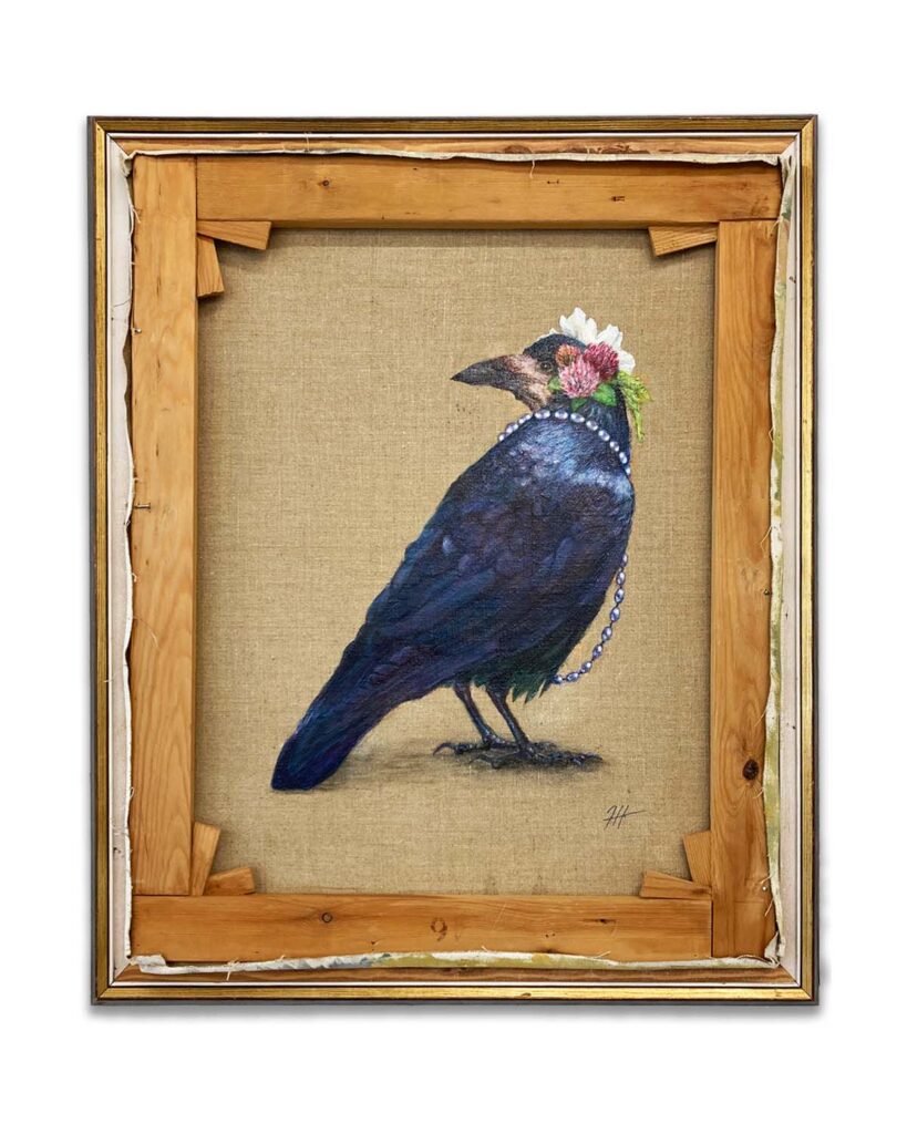 Rook-with-flowers-and-pearls- on the back of an old painting by-Jenny-Holmlund 