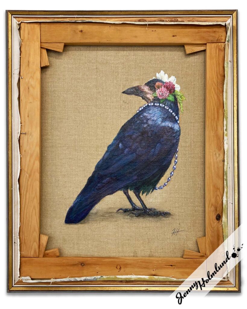 Rook with flowers and pearls on the back of an old painting by Jenny Holmlund