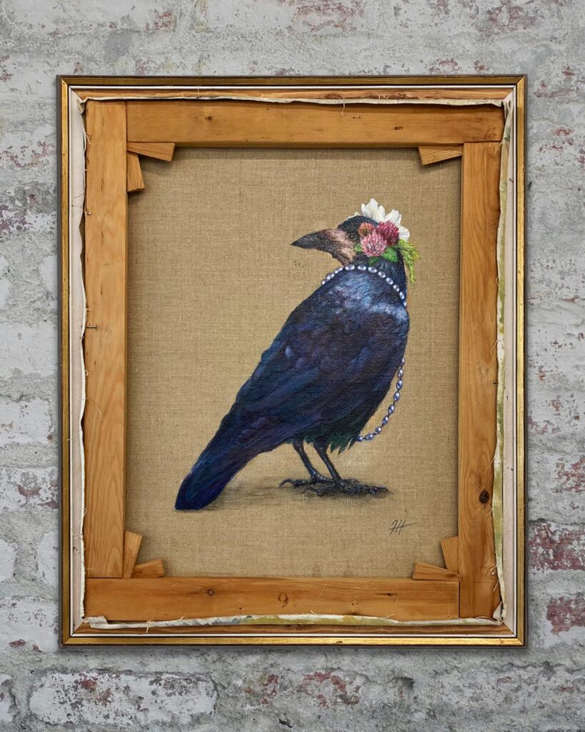 Rook-with-flowers-and-pearls- on the back of an old painting by-Jenny-Holmlund