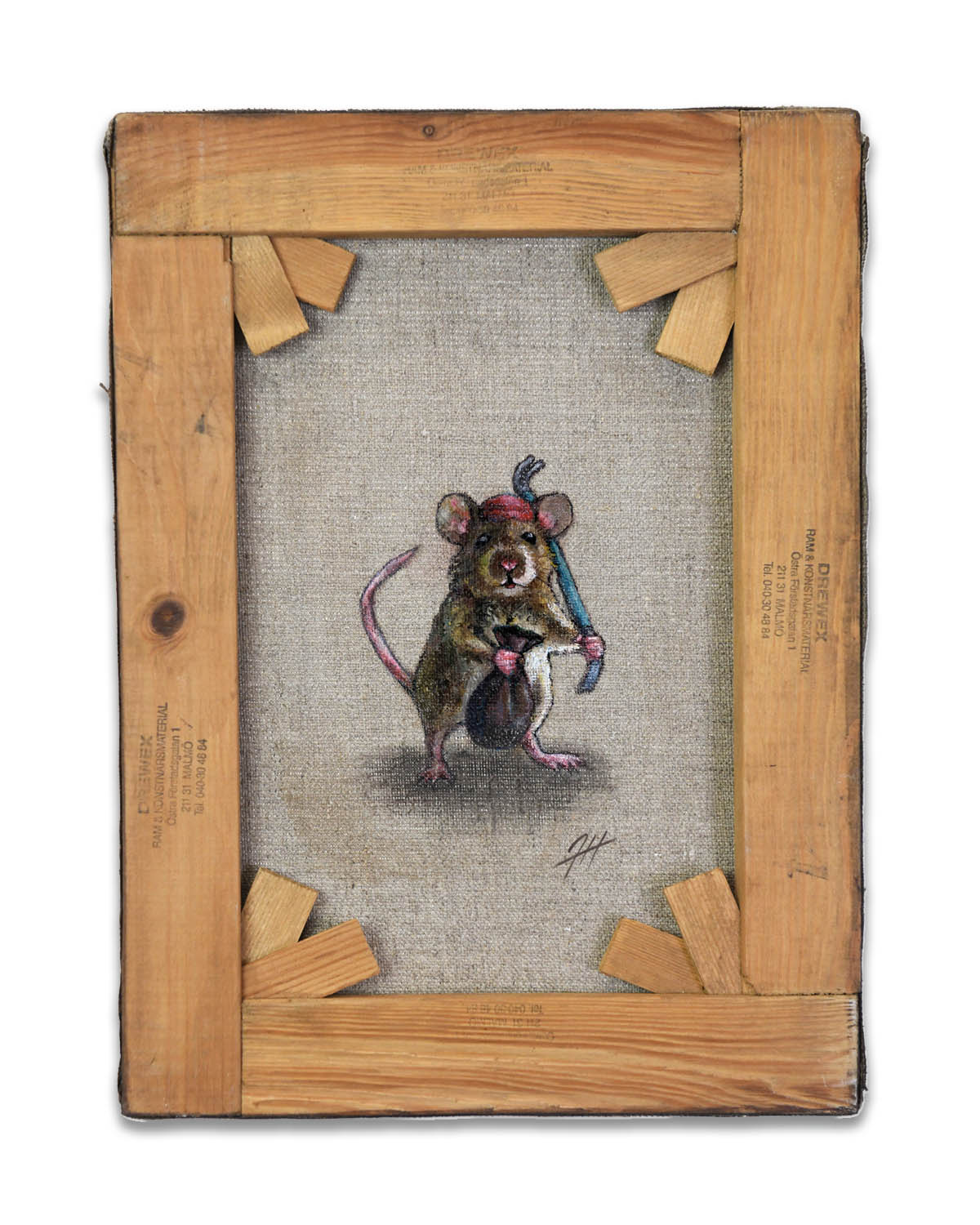 The 3 paintings in the series Rouge rodents made on the back of old paintings by Jenny Holmlund. Shown hanging on a brick wall.