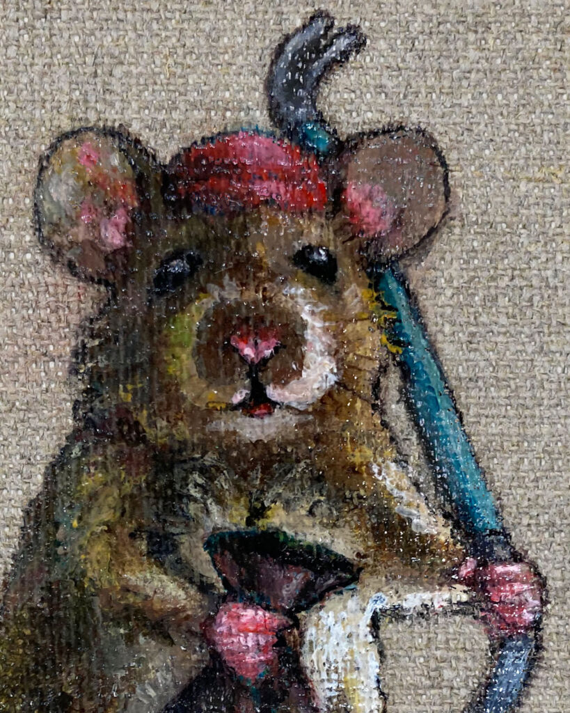 Close up of Painting of mouse with crowbar and sack by Jenny Holmlund