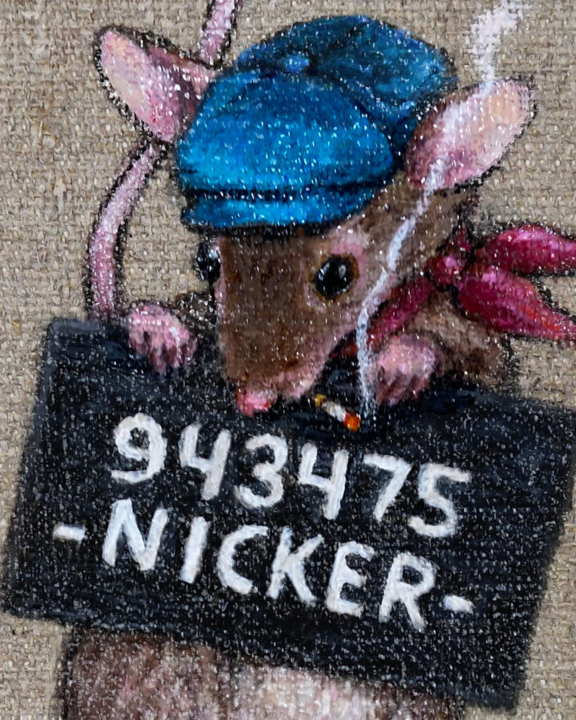 Close-up of Painting of mouse holding a mug shot sign by Jenny Holmlund