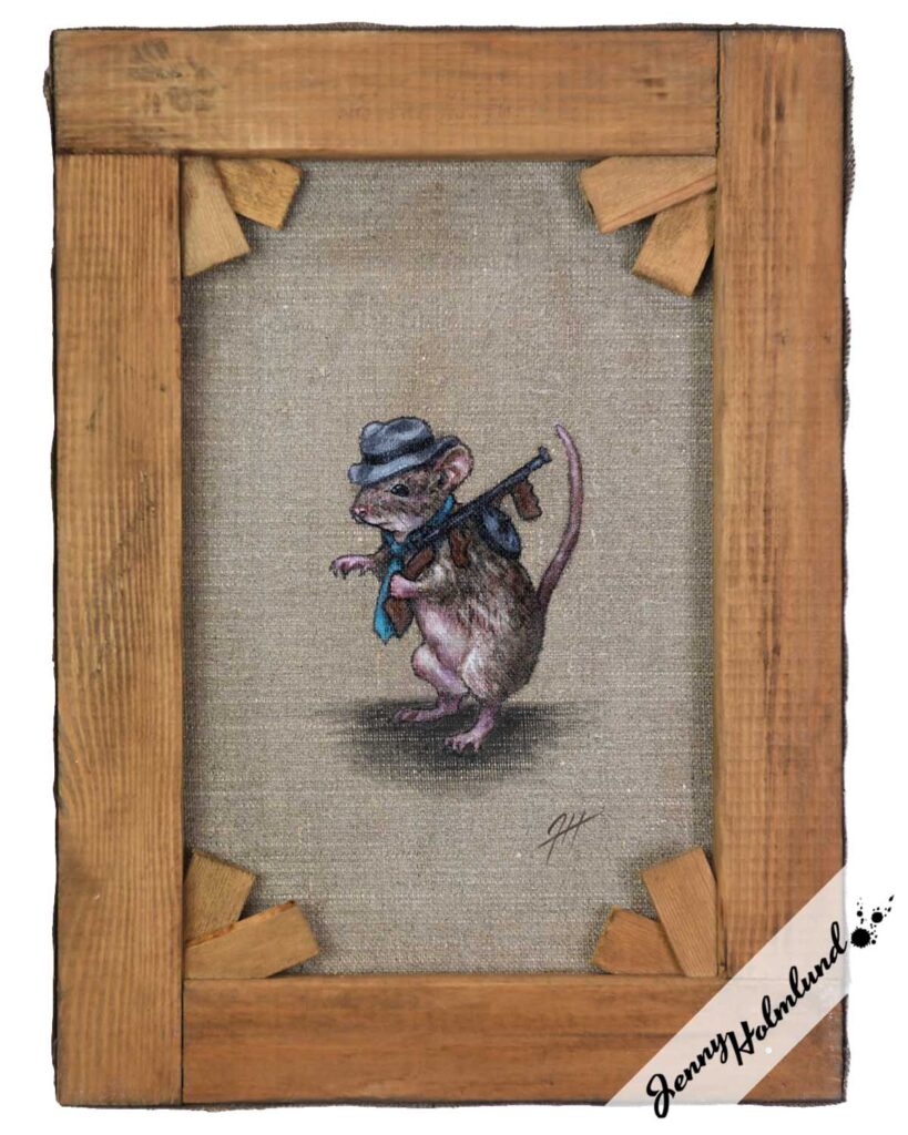 Painting of mouse in hat with Tommy-Gun on the back of an old paint by Jenny Holmlund