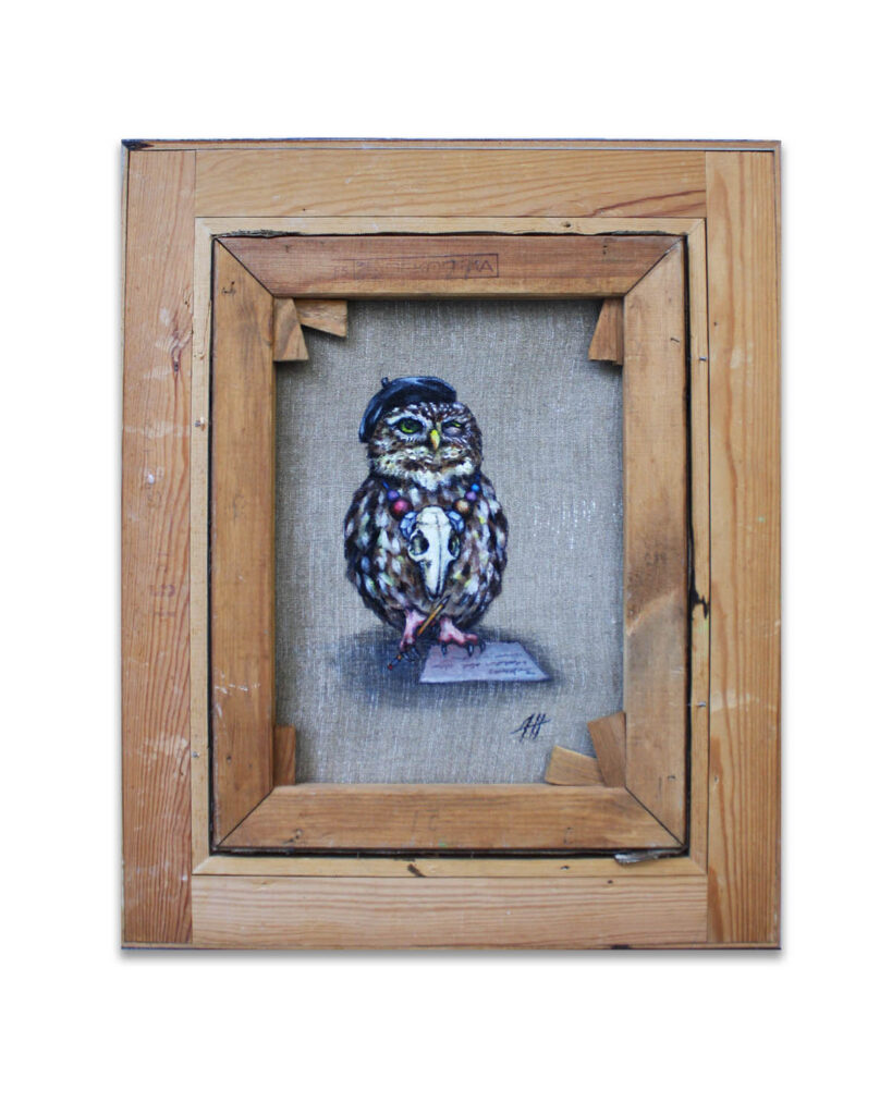 Painting of squinting owl in beret with skull around its neck on the back of an old painting by Jenny Holmlund