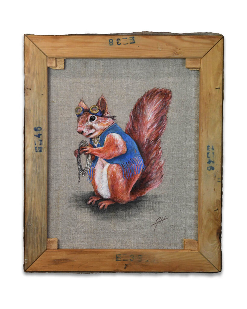 Squirrel-in blue vest holding a-rope- on the back of an old painting by-Jenny-Holmlund