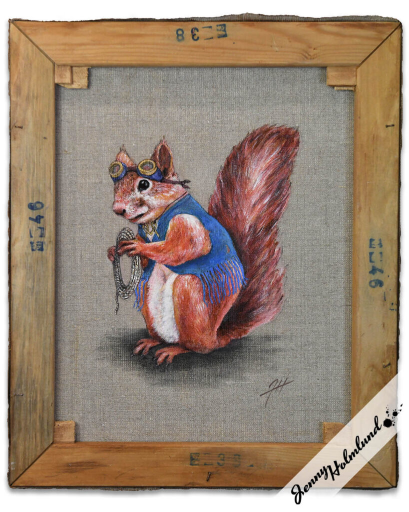 Squirrel in blue vest holding a rope on the back of an old painting by Jenny Holmlund		