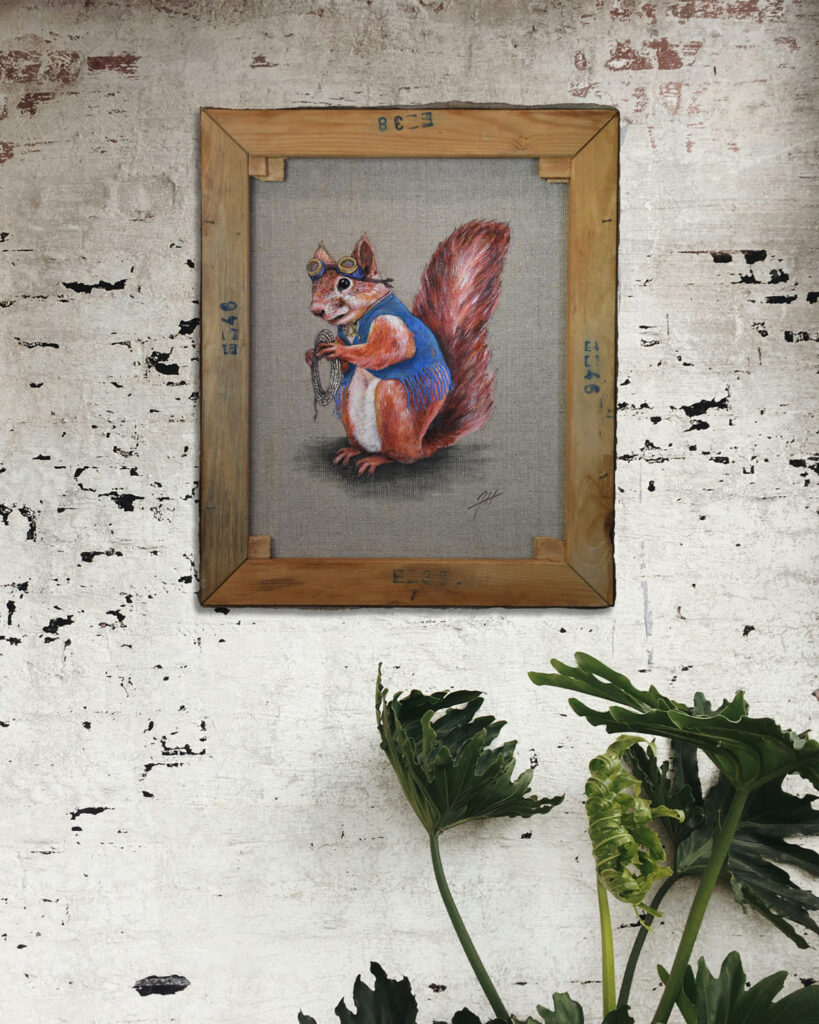 Squirrel-in blue vest holding a-rope- on the back of an old painting by-Jenny-Holmlund